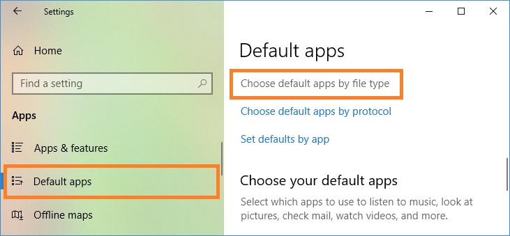Choose default apps by file type