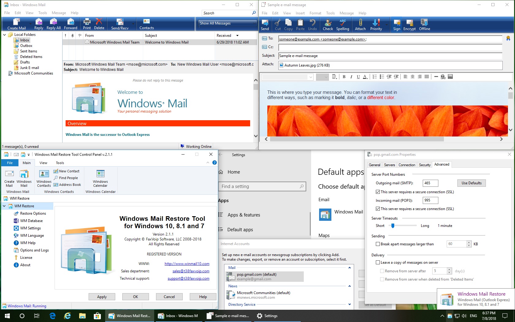 Windows Mail, Outlook Express, WinMail, OE6, email, e-mail, mail, sendmail, SMTP, POP3, IMAP, SSL, POP, MAPI, MAPI32, Simple MAPI, mailto, news, NNTP, WM Restore, Windows Contacts, Windows Calendar, gmail, hotmail, live, message store, inbox, outbox