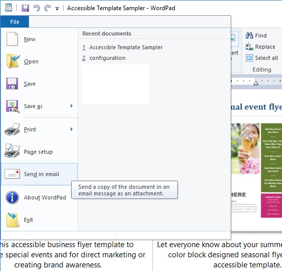 Send a document using WordPad